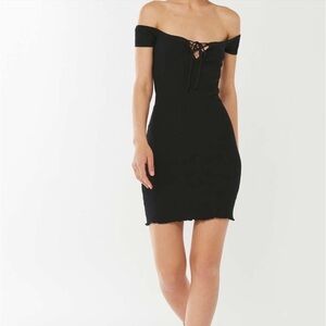 Urban Outfitters Belrose Black ribbed lace-up off-shoulder mini dress